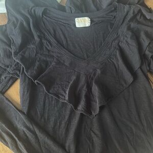 Nation LTD XSmall Womens Kelsey Jet Black Ruffle Pima Cotton Long Sleeve Top